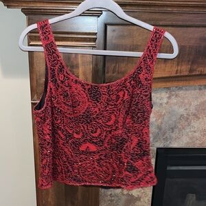 Vintage red silk all over black beaded crop tank top Y2K witchy Whimsigoth M